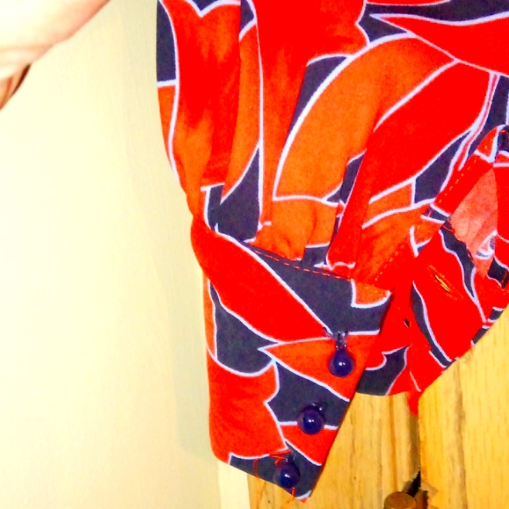Dark blue/ReD flower pattern W/ button up ruffled collar long sleeve shirt dress - Picture 4 of 6